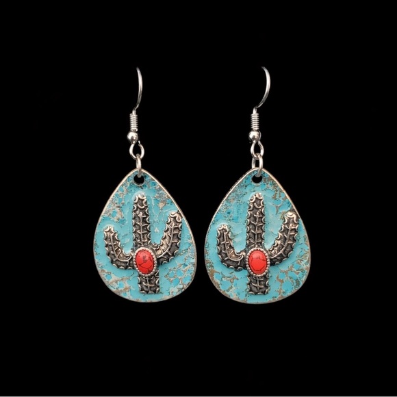 Jewelry - Southwest Style Red Turquoise Hammered Cactus Earrings